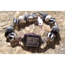 Zebra Black & White Pandora Style Lampwork Glass Bead Watch - Black - Stainless Steel