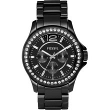 $225 Fossil Women's Riley Ceramic Black Glitz Watch Ce1011