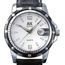Ak-homme Mens Black Leather White Dial Day Date Classic Style Wrist Watch Ak229