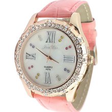 Band Women's Leather Analog Quartz Wrist Watch With Rhinstone Decoration (Pink)