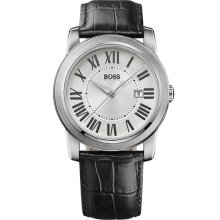 BOSS Black Roman Numeral Leather Strap Watch Silver/ Black