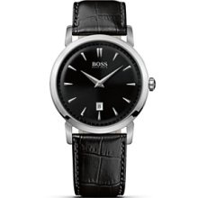 BOSS Black Round Leather Strap Watch - Black