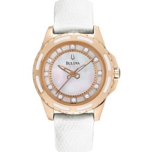 Bulova Ladies Rose Gold Tone Quartz Mother Of Pearl Dial Diamonds Strap 98P119