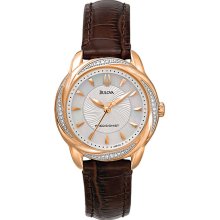 Bulova Ladies Rose Gold Tone Precisionist Brightwater Quartz Mother Of Pearl Diamonds Strap 98R152