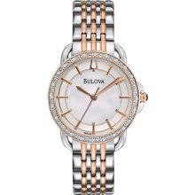 Bulova Ladies Rose Two Tone Quartz Mother of Pearl Dial Diamonds 98R144