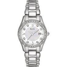 Bulova Ladies Stainless Steel Dress Silver Tone Patterned Mother of Pearl Dial Diamonds 96R133