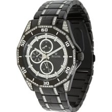 Bulova Mens Crystal Dress Watch Black Dial Black IP Case 98C111