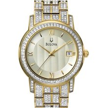 Bulova Men's Gold Tone Dress Watch Silver Tone Dial Crystals 98B009