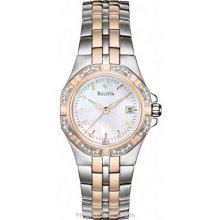 Bulova Rose Gold Two-Tone 24 Diamond Watch Mother of Pearl 98R133