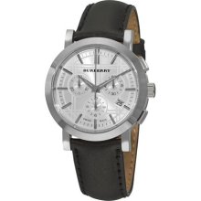 Burberry Round Chronograph Mens Black Leather Strap Watch BU1361