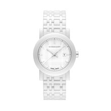 Burberry Women's White Ceramic Classic Plaid Dial Pattern Calendar Watch Bu1870