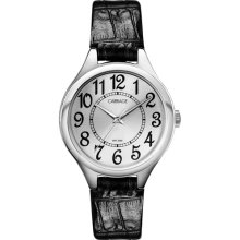 Carriage by Timex Women's Silver Tone Watch, Black Leather Strap
