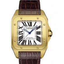 Cartier Santos 18k Gold Leather Mens Watch Silver Roman Dial W20071Y1
