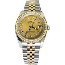 Champagne string diamond dial date just rolex watch jubilee two tone