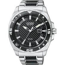 Citizen Eco Drive Mens Black Carbon Fiber Link Bracelet Watch AW1090-58E