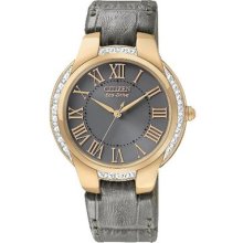 Citizen Em0093-08h Eco-drive Rose Gold Tone Grey Leather Ladies Watch