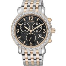 Citizen Ladies Eco-Drive Chronograph Two Tone Stainless Steel Case and Bracelet Black Dial Date FB1296-51H