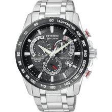 Citizen Men's Atomic Stainless Steel Black Dial Eco-Drive Chronograph Perpetual Calendar Sapphire AT4008-51E