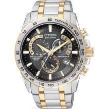 Citizen Men's Atomic Two Tone Stainless Steel Black Dial Eco-Drive Chronograph Perpetual Calendar Sapphire AT4004-52E