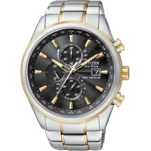 Citizen Men's Eco-Drive Two Tone Stainless Steel Case and Bracelet Radio Controlled Chronograph Black Dial AT8014-57E