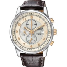 Citizen Men's Eco-Drive Stainless Steel Case Chronograph Champagne Dial Date Display Brown Leather Strap CA0331-13A