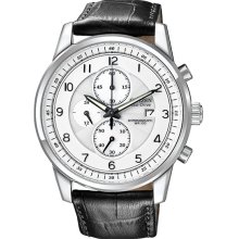 Citizen Men's Eco-Drive Stainless Steel Case Chronograph Silver Dial Date Display Black Leather Strap CA0331-05A