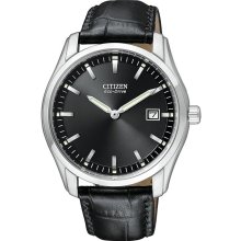 Citizen Mens Eco-Drive Stainless Watch - Black Leather Strap - Black Dial - AU1040-08E