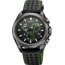 Citizen Men's Proximity Eco-Drive Black Ceramic Case Leather Bracelet Black Dial Chronograph Day and Date AT7035-01E