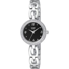 Citizen Quartz Womens Crystal Analog Stainless Watch - Silver Bracelet - Black Dial - EJ6070-51E