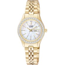 Citizen Quartz Womens Crystal Analog Stainless Watch - Gold Bracelet - Pearl Dial - EQ0532-55D