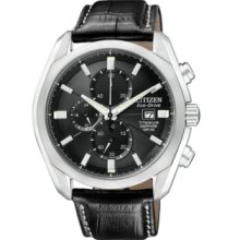 Citizen Watch, Mens Chronograph Eco-Drive Black Leather Strap 43mm CA0