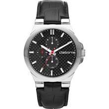 Claiborne Mens Black Leather Multifunction Watch