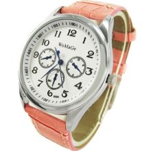 Concise Round Dial Quartz Analog Ladies Wrist Watch Pink Leather Strap