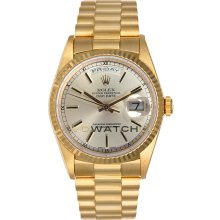 Day Date 18038 Yellow Gold President Silver Stick Dial