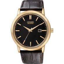 Eco-drive Gold Tone Stainless Steel Case Black Dial Brown Leather Stra