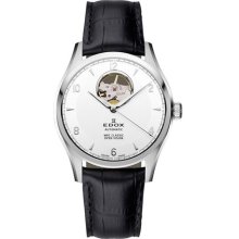 EDOX Watches Edox Men's White Dial Black Calfskin Black Calfskin/Whit