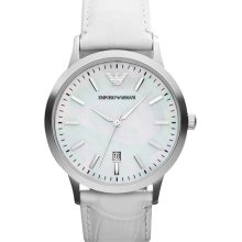 Emporio Armani Round Leather Strap Watch White/ Silver