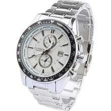 Fashion Men's White Dial Black Border Silver Band Wrist Watch