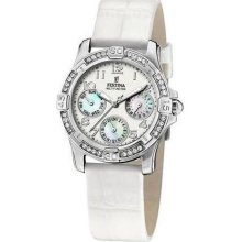 Festina Womens Fashion Chronograph Stainless Watch - White Leather Strap - White Dial - F16021-B