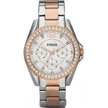 Fossil Watch ES2787 Riley Rose Gold Two-Tone Silver Chronograph Dial