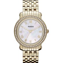 Fossil Womens Emma Crystal Analog Stainless Watch - Gold Bracelet - Pearl Dial - ES3113