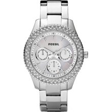 Fossil Womens Stella Glitz Chronograph Stainless Watch - Silver Bracelet - Silver Dial - ES2860
