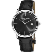 Frederique Constant Men s Slim Line Swiss Made Automatic Black Leather Strap Watch