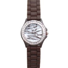 Girls Brown Stylish Siver Zebra Face Large Number Rhinestone Rubber Wa