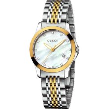 Gucci Men's Two Tone Stainless Steel Case and Bracelet Mother of Pearl Dial Date Display YA126513