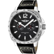 Invicta Men's Black Dial Black Leather Tachymeter 2 Eye Day Date ...