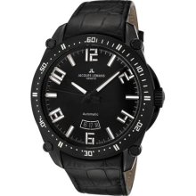 JACQUES LEMANS Men's Geneve Automatic Black Dial Black Leather