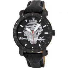 JBW Just Bling Iced Out Men's JB-8100L-J Urban Black Ion Skull Diamond Leather Watch