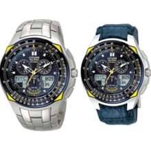 JR3090-58L + Leather - Citizen Promaster Eco-Drive Skyhawk Blue Angels Pilots Watch