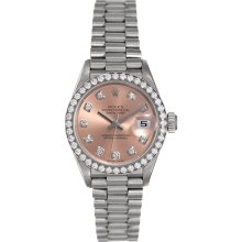Ladies Rolex President White Gold Watch Pink Diamond Dial 69179